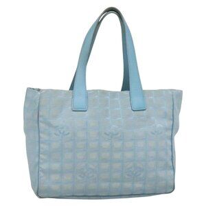 CHANEL New Travel Line Tote Bag Nylon Light Blue Silver CC Auth 139656